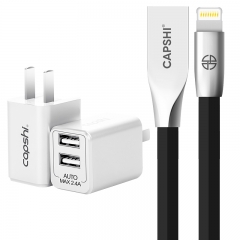 Capshi 苹果充电器 2.4A双口USB手机充电头+数据线1.2米锌合金黑 iphone5/5s/6/6s/Plus/7/8/X/iPad/Air/Pro